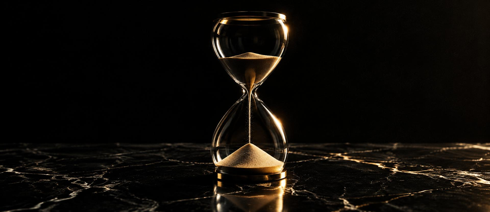 Glass hourglass on black marble with gold rim light